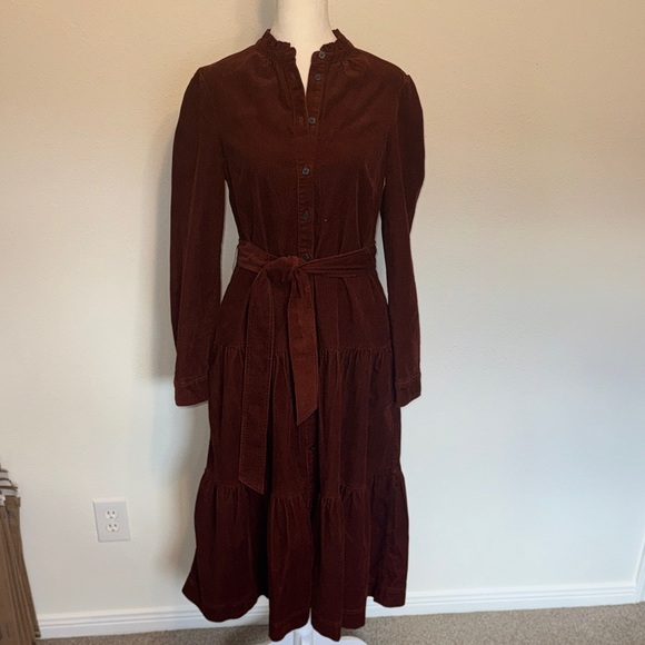 Boden Copper Burgundy Ellen Fine Corduroy Tiered Maxi Long Sleeve Shirt Dress - Picture 2 of 10